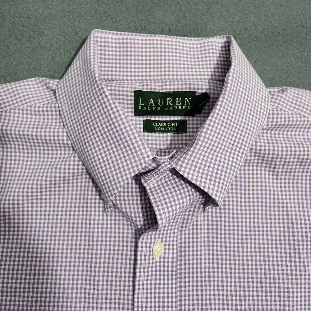 Lauren Ralph Lauren Shirt Men 16.5 Purple Check Classic Fit Non Iron Button Down